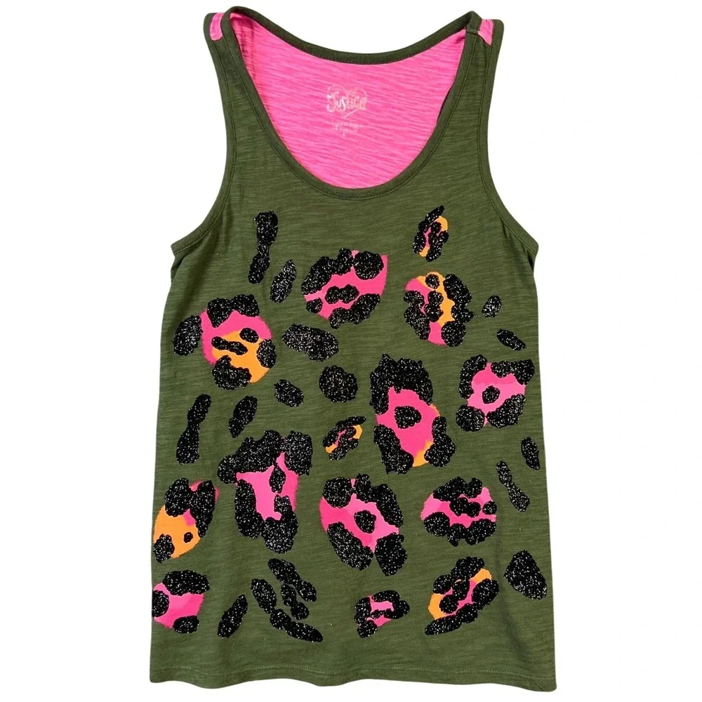Justice Tank Top Kids Girls Size 8 Olive Green Glitter Leopard Print Racerback